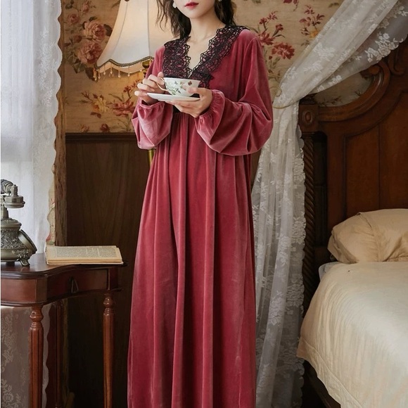 chinatown market Dresses & Skirts - E6 Women Velvet Nightgown Lace Trim Long Sleeve Vintage Style Sleep Dress